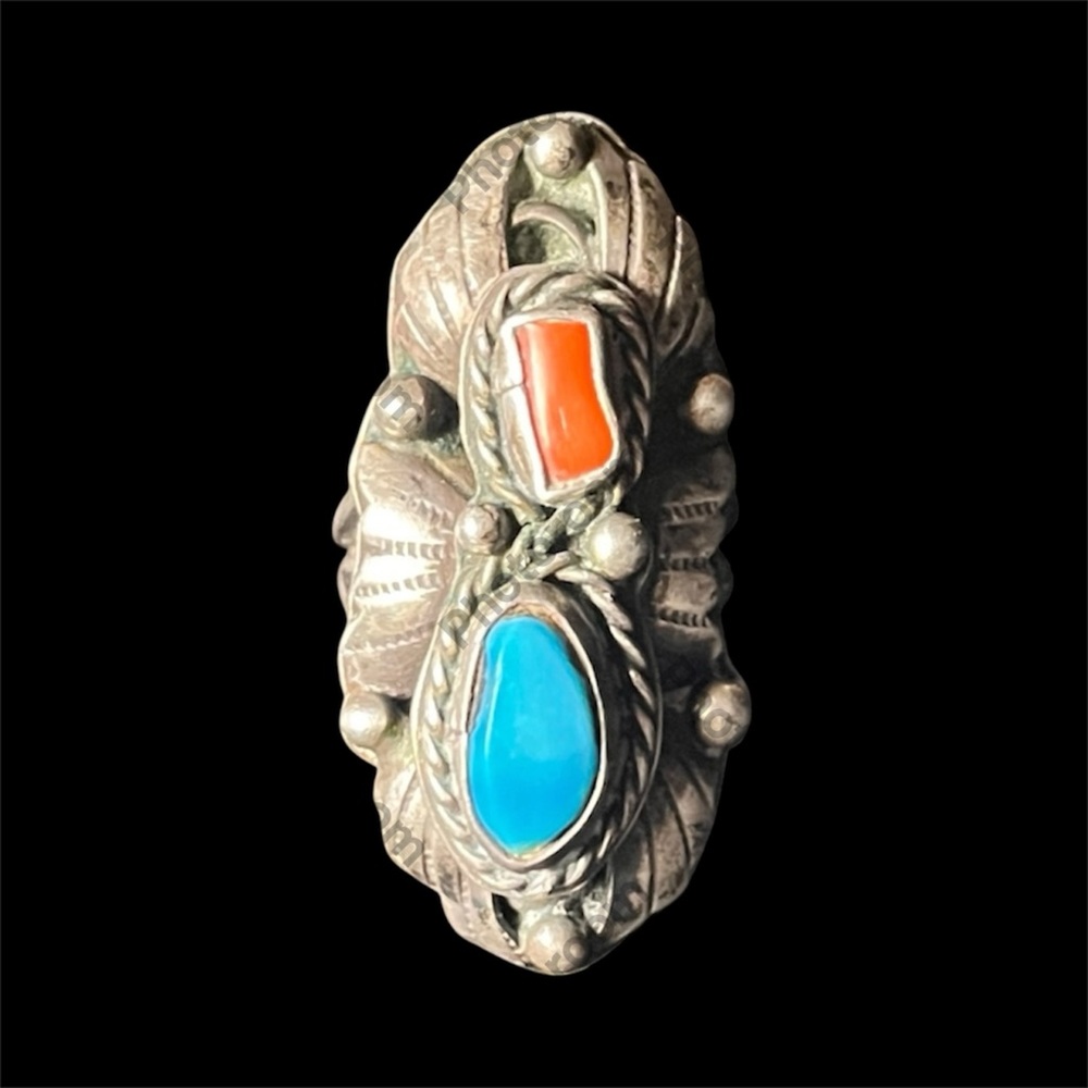 Turquoise And Coral Sterling Silver Vintage Navajo Ring Handmade Jewelry